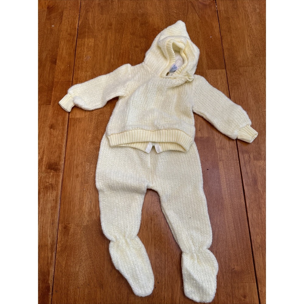 Vintage Knitted Yellow Baby Hooded Sweater Footed Pants Set 6-9 Months